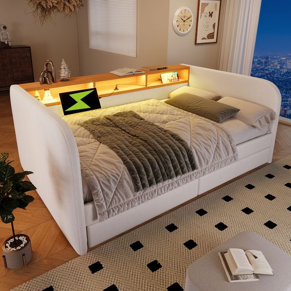 Polsterbett 140x190 cm ohne Matratze, mit LED, USB-C, 2 Schubladen und Stauraum-Kopfteil, Leinen in Hellbeige