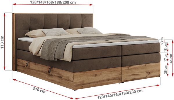 Boxspringbett, Doppelbett mit zwei 7 Härtezonen Multipocket-Matratzen, Bettkästen, Eiche Wotan Holzrahmen, Polsterbett mit Topper-Matratze - ALBERO 1 KING - 140 x 200 cm - Braun Velours - H3 Bild 6