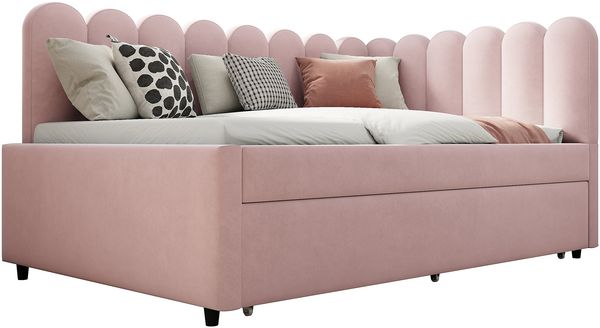 L-förmiges Polsterbett, Schlafsofa 140x200 cm mit geblümter Rückenlehne und Ausziehbett in Rosa Samtstoff Bild 8