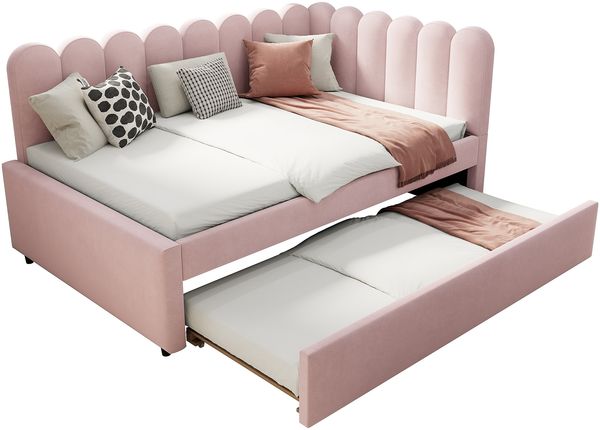 L-förmiges Polsterbett, Schlafsofa 140x200 cm mit geblümter Rückenlehne und Ausziehbett in Rosa Samtstoff Bild 9
