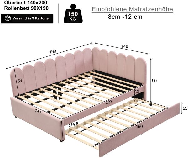 L-förmiges Polsterbett, Schlafsofa 140x200 cm mit geblümter Rückenlehne und Ausziehbett in Rosa Samtstoff Bild 10