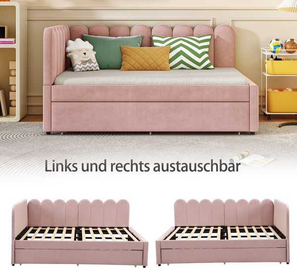 L-förmiges Polsterbett, Schlafsofa 140x200 cm mit geblümter Rückenlehne und Ausziehbett in Rosa Samtstoff Bild 7
