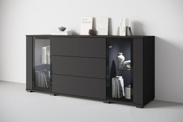 Home affaire Sideboard modernes Design mit Glaseinsätzen und 3 Schubladen, Breite 150 cm (1 St), Grifflose Fronten mit Push-to-Open, höhenverstellbare Einlegeböden