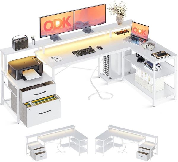 ODK LED Schreibtisch mit USB Steckdosen, Reversibel Groß L-Form Weiß 172.5 cm