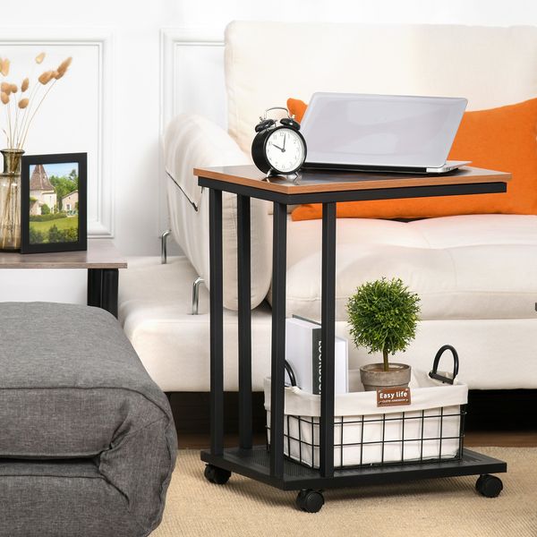 Beistelltisch in C-Form, rollbar, 51 x 36 x 65 cm, aus MDF mit Ablage, schwarz-brauner Retro-Look