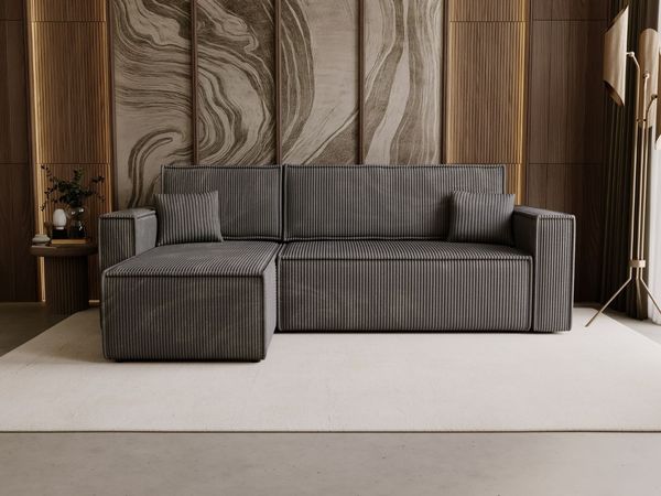 GRAINGOLD Ecksofa Prato L, mit Schlaffunktion und Bettkasten, Universelle, ausziehbare, Cord-Stoff, Dunkelgrau