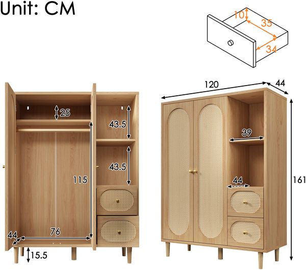 Novelux Kleiderschrank Landhausstil Eiche 120 x 44 x 161 cm Holzschrank mit 2 Türen, 2 Schubladen & Kleiderstange – Massivholz Garderobenschrank Schlafzimmer Bild 2
