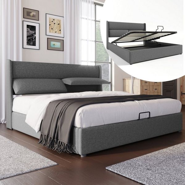 REDOM Polsterbett Doppelbett mit Verstellbare Kopfstützen (140x200 mit lattenrost(Ohne Matratze), Stauraumbetten Bettgestell aus Leinenmateria