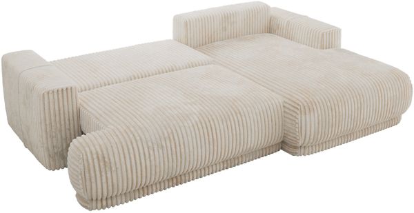 RINA L Design Ecksofa, Schlaffunktion & Stauraum, DL-System, Wellenfedern, Liegefläche 220x155 cm, freistehendes Polstersofa, Schlafcouch - Beige Cord - Rechts Seite Bild 12
