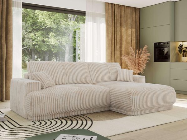 RINA L Design Ecksofa, Schlaffunktion & Stauraum, DL-System, Wellenfedern, Liegefläche 220x155 cm, freistehendes Polstersofa, Schlafcouch - Beige Cord - Rechts Seite