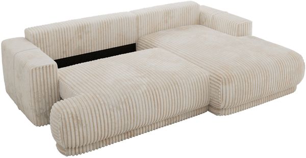 RINA L Design Ecksofa, Schlaffunktion & Stauraum, DL-System, Wellenfedern, Liegefläche 220x155 cm, freistehendes Polstersofa, Schlafcouch - Beige Cord - Rechts Seite Bild 11