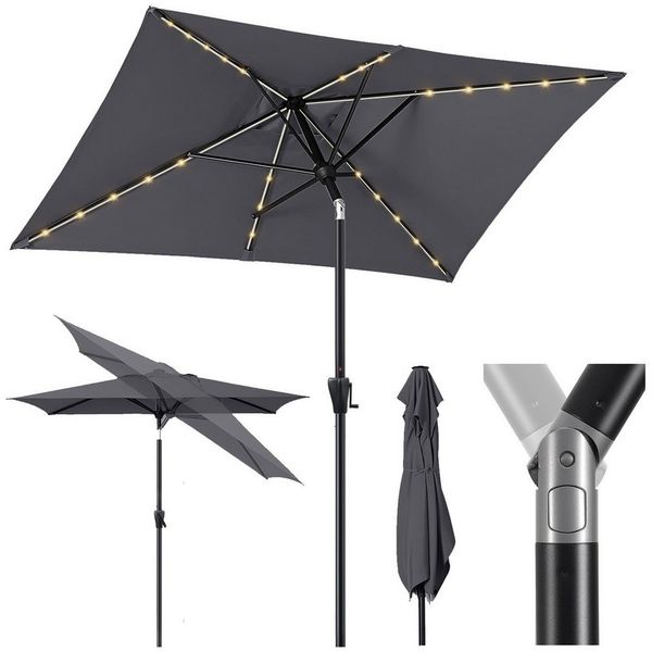 Sekey Aluminum Solar-Sonnenschirm mit LED-Beleuchtung 210x140 cm, UV50+ Rechteckiger Balkon-Garten-Schirm, Solarlampe & Kurbelsystem