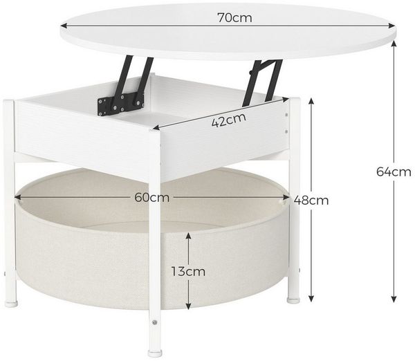 MSMASK Couchtisch Wohnzimmertisch mit Korb aus Stoff, höhenverstellbar (1-St), Rundes Lift-Top-Couchtisch, Beistelltisch, Kaffeetisch, 70x70x50 cm
