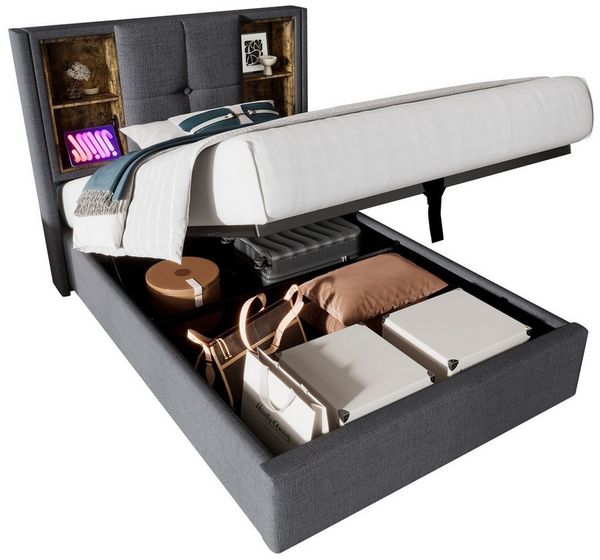Flieks Polsterbett, Einzelbett mit Kabellosem Laden/USB/Typ-C+Stauraum Baumwolle 90x200cm