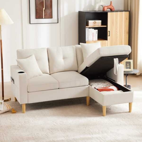 Merax L-förmiges modernes Sofa, 3-Sitzer-Sofa mit Chaiselongue, Stauraum, integriertem Getränkehalter, wird mit 2 Kissen geliefert, Beige