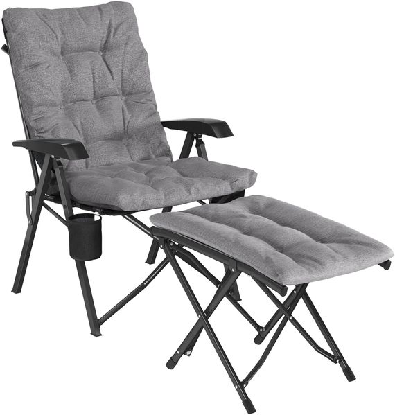 STEELSØN 'Hoggar' Set aus Campingstuhl mit Seitentasche & Getränkehalter und Hocker, faltbar, grau, gepolsterter Campingstuhl, bis 150 kg