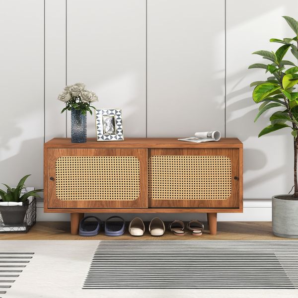 Sideboard 104x40x48 cm, Rattan-Türen, verstellbare Einlegeböden, Walnuss