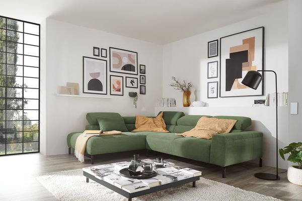 KAWOLA Sofa DELIA Ecksofa Feincord olivgrün Recamiere links 74 x 219 x 276 cm