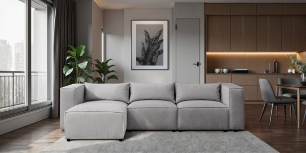 Ecksofa Designersofa NEVIO in Stoff Lincoln Grau Ottomane Links