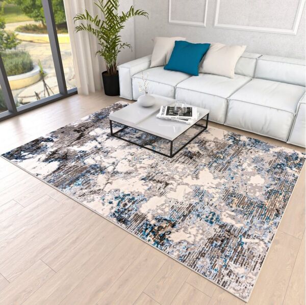 Mazovia Designteppich Modern Teppich für Wohnzimmer - Abstrakt Muster, Beige Blau Grau, 140 x 200 cm, Abstrakt, Modern, Höhe 8 mm, Kurzflor
