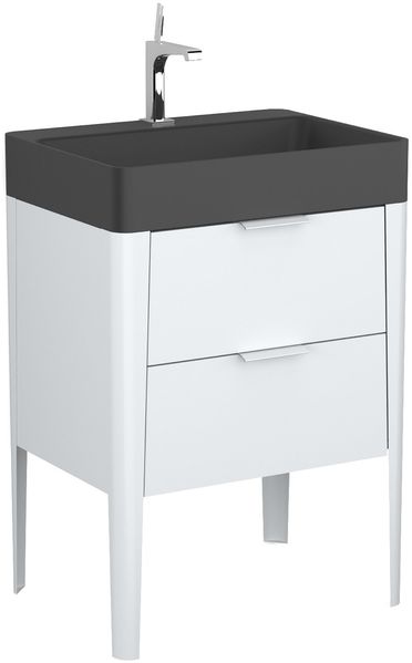 BADEDU SORA Waschbecken mit Unterschrank 60 cm breit, Weiß matt, Waschbecken Quarzkomposit Schwarz, aus Aluminium, mit Füßen