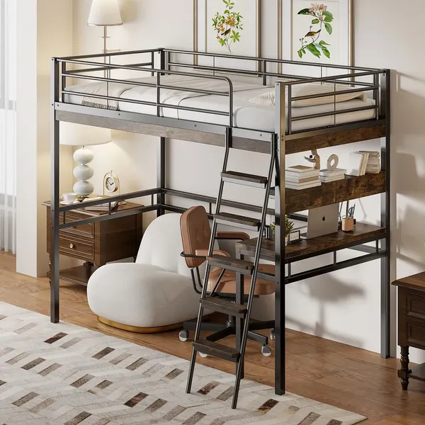 Hochbett mit Schreibtisch, Lattenrost und Rausfallschutz, 90x200 cm, Metallbett, Jugendbett