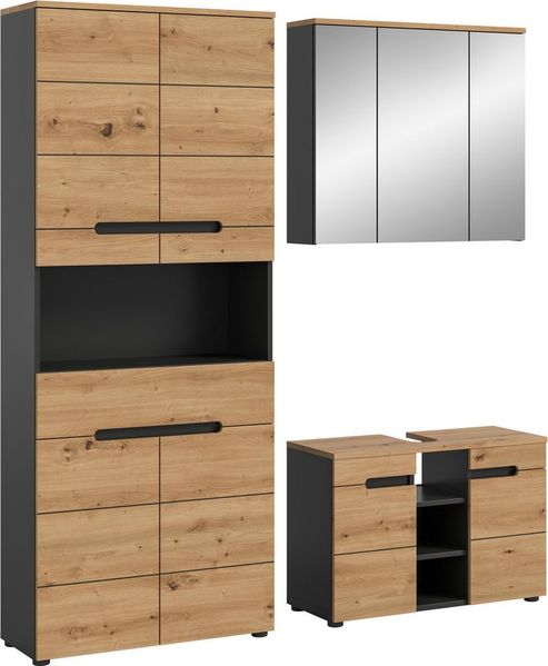 welltime Badmöbel-Set REHAT, 3-teilig, Breite 171 cm, mit grifflosen Fronten, bestehend aus:, (3-St), 1x Hochschrank, 1x Waschbeckenunterschrank & 1x Spiegelschrank