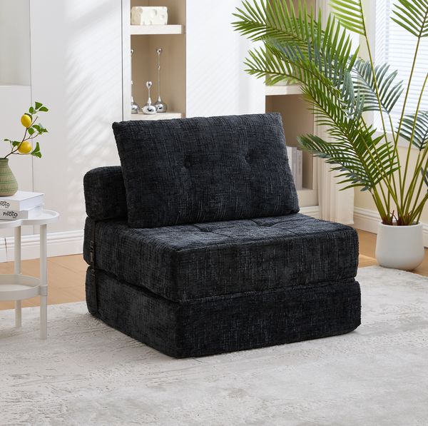 Klappbares Schlafsofa Chenille Schwarz, 79x79x57 cm (aufgeklappt 79x180 cm)
