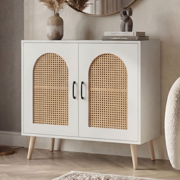 Kommode HWC-P51, Schrank mit Türen Anrichte Staufächer, Poly-Rattan MDF Melamin 79x80x40cm ~ weiß
