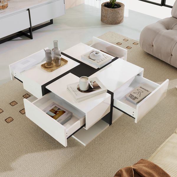Quadratischer Couchtisch Hochglanz Weiß Schwarz mit 4 Schubladen Wohnzimmer Tisch Ablage Modern Design