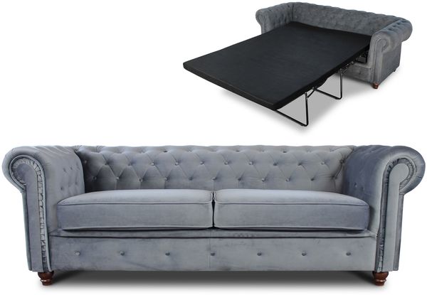Schlafsofa Chesterfield Asti Bis 3-Sitzer, Sofa mit Schlaffunktion, Couch 3-er, Couchgarnitur, Sofagarnitur, Holzfüße - Glamour Design, Velours (Grau (Velvet 10))