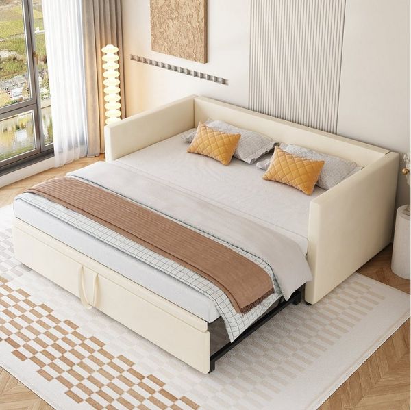 OKWISH Bett Polsterbett Ausziehbares Schlafsofa (Multifunktionsbett aus hautfreundlichem Samtstoff, mit Lattenrosten 90/180*200 cm), ohne Matratze