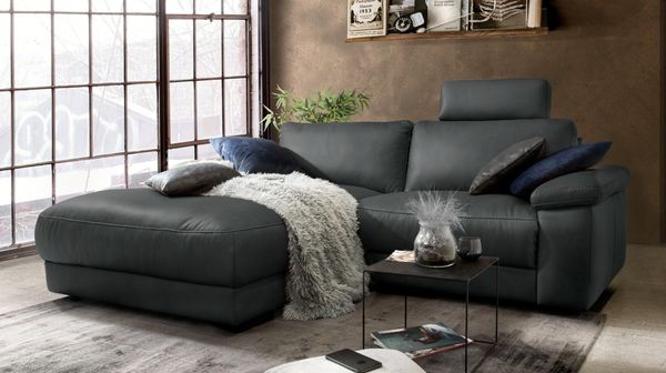 KAWOLA Sofa LOLA Ecksofa Leder schwarz mit motorischer Relaxfunktion Recamiere links 82 x 178 x 233 cm