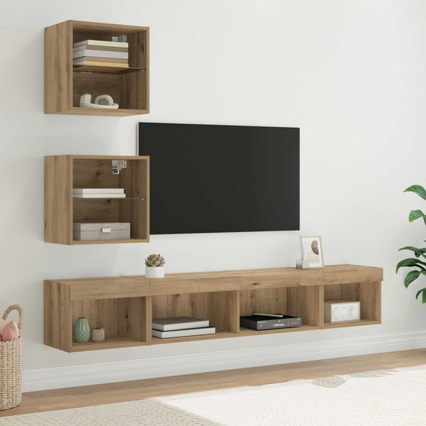 5-tlg. TV Wand Einheiten,Wohnwand Wohnzimmer mit LED Artisan-Eiche Holzwerkstoff