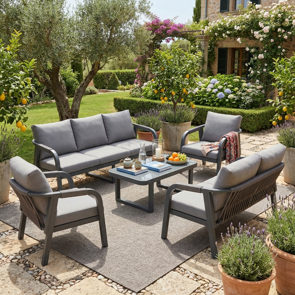 Merax Gartenmöbel-Set 5-tlg, Gartenlounge-Set mit 3-Sitzer-Sofa, 2-Sitzer-Sofa, 2 Sessel und 1 Couchtische, Terassenmöbelset 7 Sitzer, grau