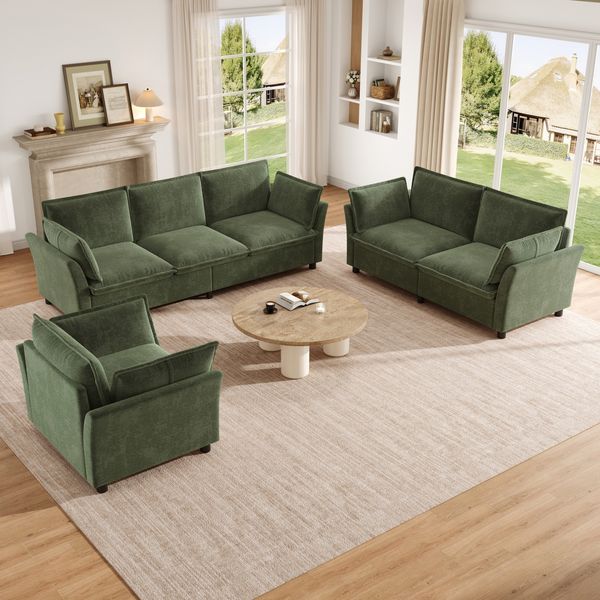 Merax Sofa-Set, modulare Wohnzimmer-Sofakombination, frei kombinierbar, Chenille-Stoff, 3-Sitzer + 2-Sitzer + Sessel, mit Kissen, Grün