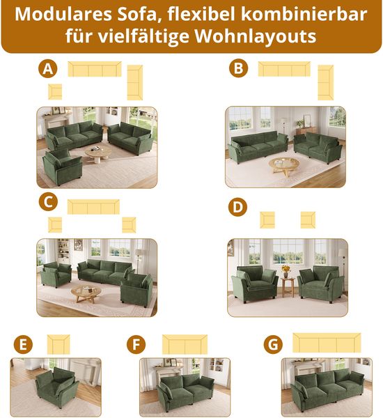 Merax Sofa-Set, modulare Wohnzimmer-Sofakombination, frei kombinierbar, Chenille-Stoff, 3-Sitzer + 2-Sitzer + Sessel, mit Kissen, Grün Bild 2
