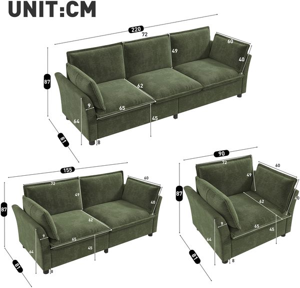 Merax Sofa-Set, modulare Wohnzimmer-Sofakombination, frei kombinierbar, Chenille-Stoff, 3-Sitzer + 2-Sitzer + Sessel, mit Kissen, Grün Bild 4