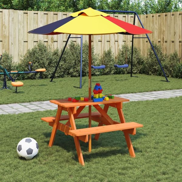 Gartentische, Picknicktisch für 4 Kinder mit Sonnenschirm Massivholz Tanne