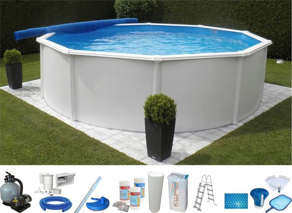 KWAD Rundpool SUPREME weiß mit Sicherheitsleiter und Zubehör (Set, 13-tlg), inkl. Bodenisolation & Wasserpflege-Set, versch. Größen