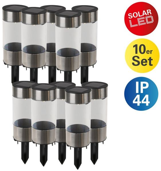 näve LED Solarleuchte Rota, LED fest integriert, Warmweiß, 10er Set runde Dekoerdspieße, LED warmweiß, je H: 19cm, D: 5cm, silber