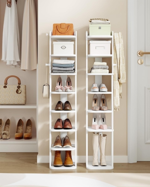 Schuhregal, Schmales Schuhablage mit 8 Ebenen, Holz-Schuh-Organizer mit Haken, Verstellbar, Platzsparend, Geeignet für Eingang, Flur, Wohnzimmer, Weiß Bild 6