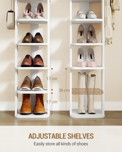 Schuhregal, Schmales Schuhablage mit 8 Ebenen, Holz-Schuh-Organizer mit Haken, Verstellbar, Platzsparend, Geeignet für Eingang, Flur, Wohnzimmer, Weiß Bild 3