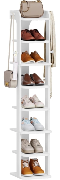 Schuhregal, Schmales Schuhablage mit 8 Ebenen, Holz-Schuh-Organizer mit Haken, Verstellbar, Platzsparend, Geeignet für Eingang, Flur, Wohnzimmer, Weiß Bild 2