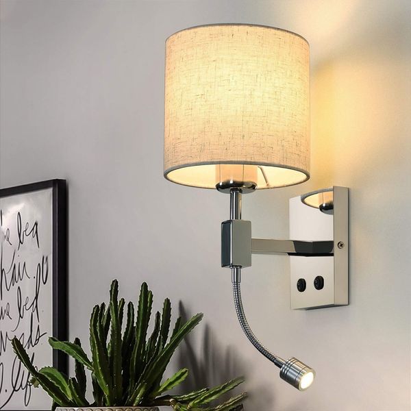 ZMH Led Wandlampe mit Schalter Wandleuchte innen - Leselampe Schlafzimmer Stoffschirm Schwenkbar Bettleuchte Leseleuchte Mit Flexleuchte Stoff Bettlampe Nachttischlampe für Bett Wohnzimmer Flur Hotel