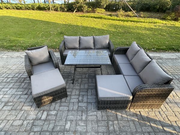 Fimous Rattan Gartenmöbel Set 9-Sitzer Rechteckiger Tisch 2 hohen Hockern Dunkelgrau Gemischt