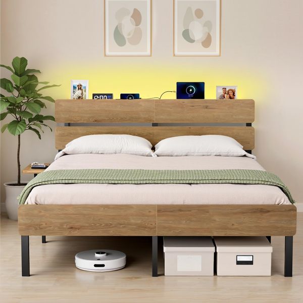 VASAGLE Doppelbettgestell, Bett, 160x200 cm, Metallrahmen, LED-Beleuchtung, USB-A- und USB-C-Anschluss, Unterbettaufbewahrung, Industrie-Stil, einfache Montage, naturbraun RMB105HC01