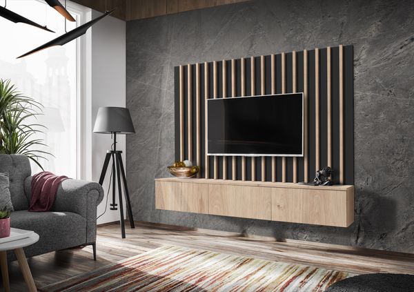 Wohnwand Verti 2 mit Beleuchtung in Hickory Jackson mit Lamellenplatte 180 x 148 x 35 cm 2-teilig
