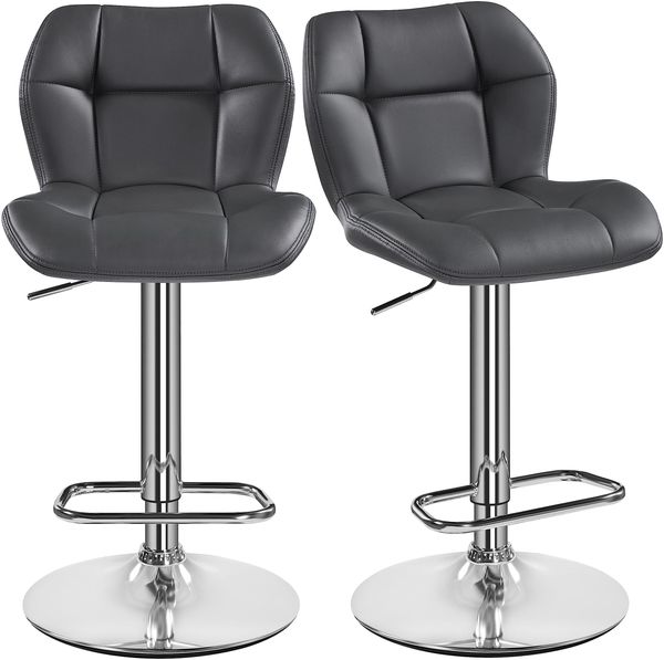 Yaheetech Barhocker 2er Set Höhenverstellbar 360°Drehbar Barstühle Küchenstühle mit Rückenlehne und Fußstütze, Barstuhl PU-Kunstleder Sitzhöhe 62,5 cm - 84,5 cm für die Küche, Grau