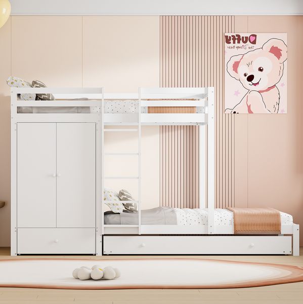 3in1 Etagenbett Weiß Mit Ausziehbett Kleiderschrank Schubladen Massivkiefer 120kg Tragkraft Platzsparend Kinderzimmer Gästezimmer Stauraum, 90x200cm